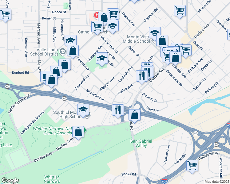 map of restaurants, bars, coffee shops, grocery stores, and more near 11223 Central Avenue in South El Monte
