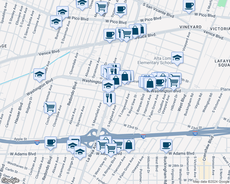 map of restaurants, bars, coffee shops, grocery stores, and more near 4935 West 20th Street in Los Angeles