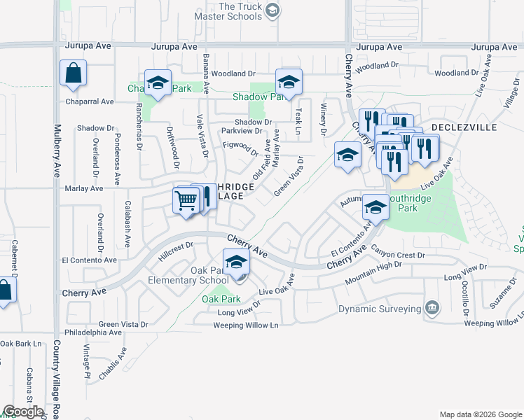 map of restaurants, bars, coffee shops, grocery stores, and more near 14251 Ranchero Drive in Fontana