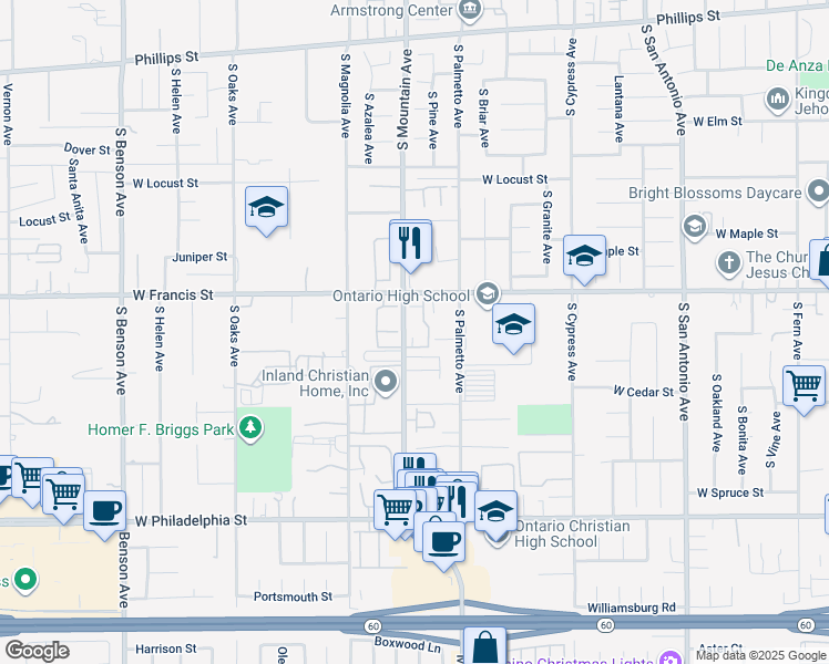 map of restaurants, bars, coffee shops, grocery stores, and more near 1051 West Francis Street in Ontario