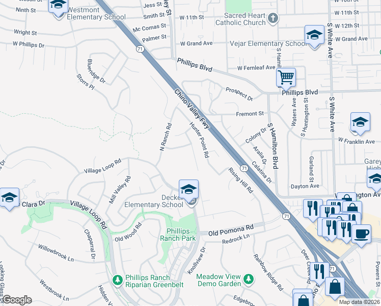map of restaurants, bars, coffee shops, grocery stores, and more near 19 Sunset Ridge Circle in Pomona