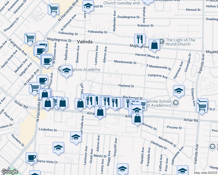 map of restaurants, bars, coffee shops, grocery stores, and more near 15838 Hayland Street in La Puente