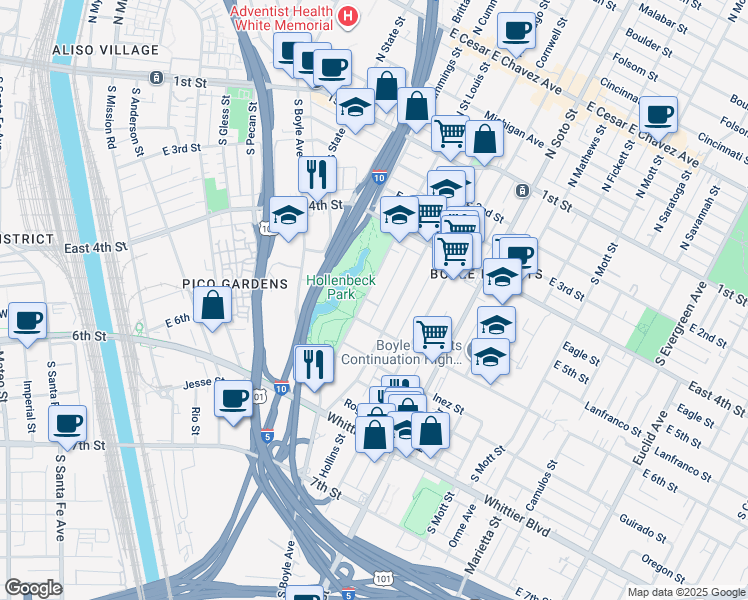map of restaurants, bars, coffee shops, grocery stores, and more near 532 South Saint Louis Street in Los Angeles