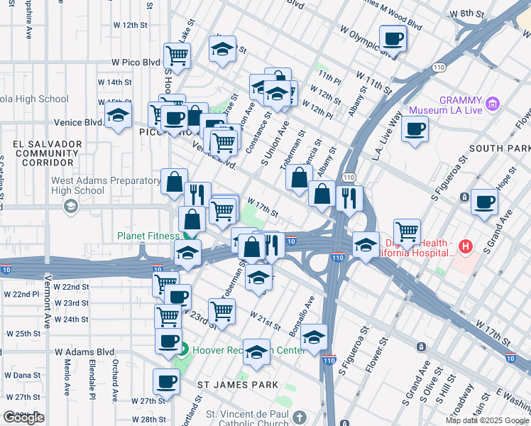 map of restaurants, bars, coffee shops, grocery stores, and more near 1712 Toberman Street in Los Angeles