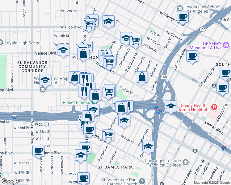 map of restaurants, bars, coffee shops, grocery stores, and more near 1035 West 18th Street in Los Angeles