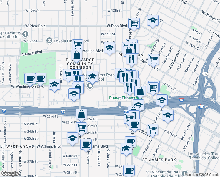 map of restaurants, bars, coffee shops, grocery stores, and more near 1408 West Washington Boulevard in Los Angeles