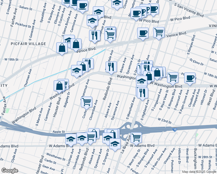map of restaurants, bars, coffee shops, grocery stores, and more near 5147 West 21st Street in Los Angeles