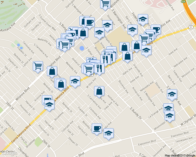map of restaurants, bars, coffee shops, grocery stores, and more near 1533 South Bundy Drive in Los Angeles