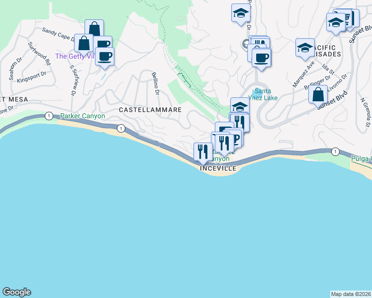 map of restaurants, bars, coffee shops, grocery stores, and more near 17504 Castellammare Drive in Los Angeles