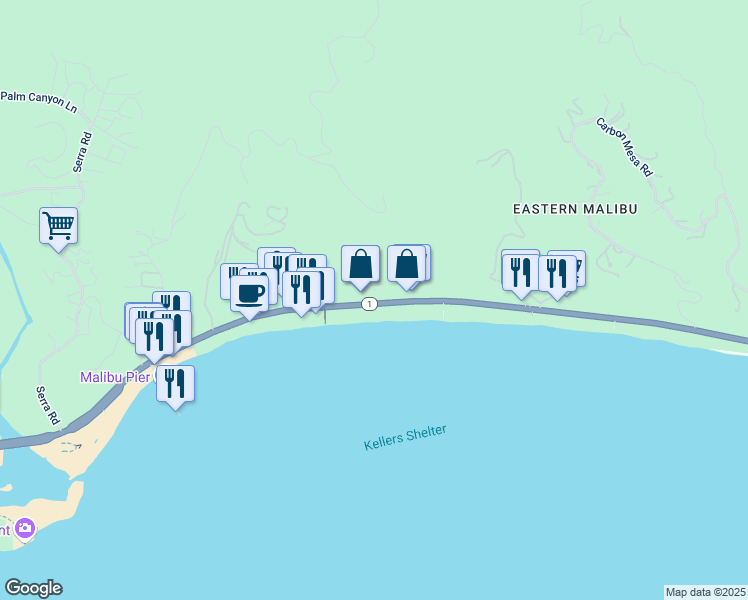 map of restaurants, bars, coffee shops, grocery stores, and more near 22548 California 1 in Malibu