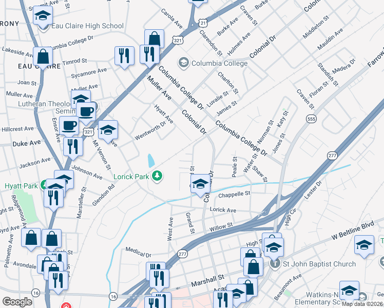 map of restaurants, bars, coffee shops, grocery stores, and more near 4224 Grand Street in Columbia