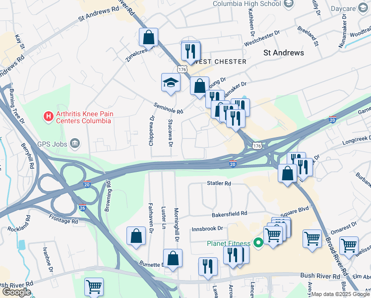 map of restaurants, bars, coffee shops, grocery stores, and more near 721 Old Manor Road in Columbia