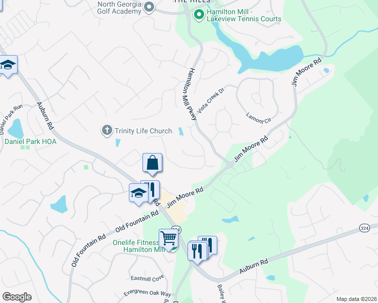 map of restaurants, bars, coffee shops, grocery stores, and more near 2656 Grove Valley Lane in Dacula