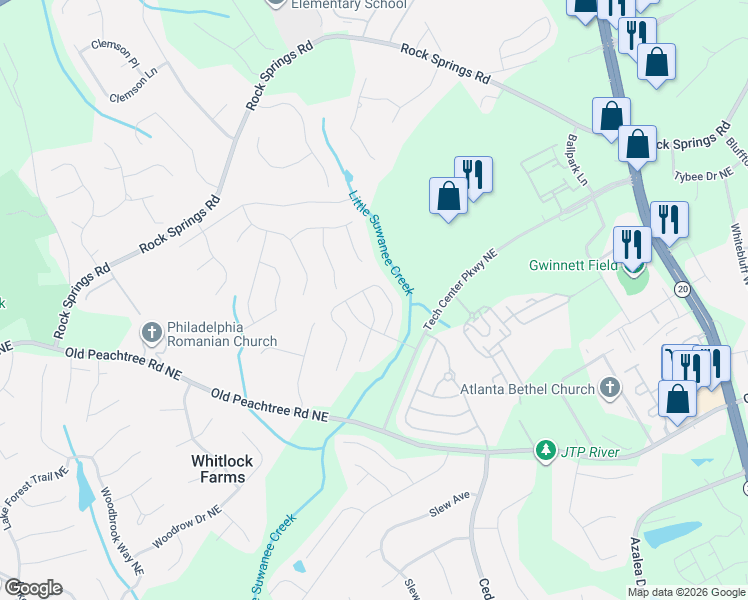 map of restaurants, bars, coffee shops, grocery stores, and more near 2741 Pierce Brennen Court Northeast in Lawrenceville