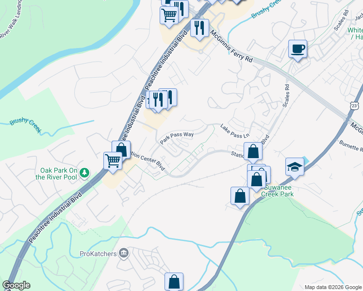 map of restaurants, bars, coffee shops, grocery stores, and more near 3967 Station Way Northwest in Suwanee