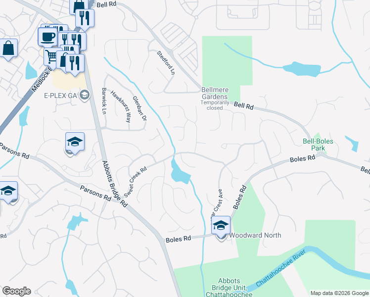 map of restaurants, bars, coffee shops, grocery stores, and more near 7040 Sweet Creek Road in Johns Creek