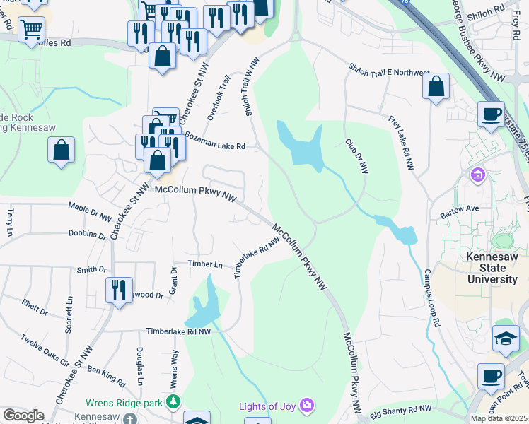 map of restaurants, bars, coffee shops, grocery stores, and more near 1125 Country Club Place in Kennesaw