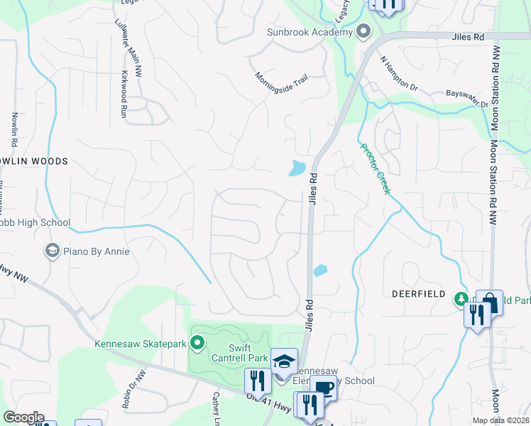 map of restaurants, bars, coffee shops, grocery stores, and more near 2701 Windsor Court in Kennesaw
