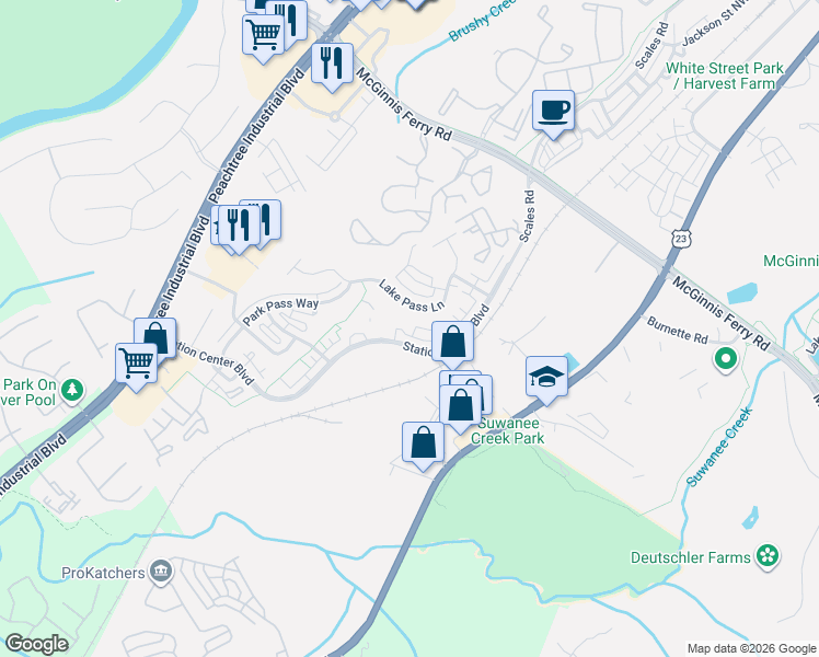 map of restaurants, bars, coffee shops, grocery stores, and more near 1186 Lake Point Way in Suwanee