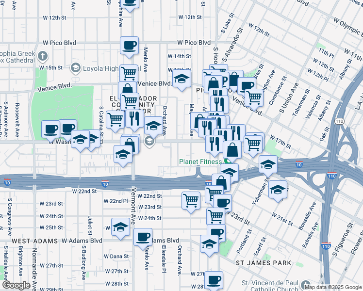 map of restaurants, bars, coffee shops, grocery stores, and more near 1408 West Washington Boulevard in Los Angeles