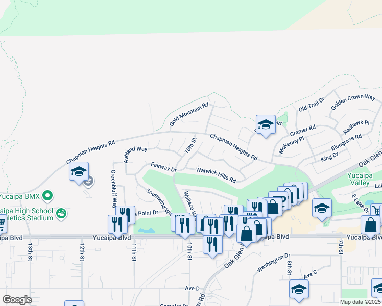 map of restaurants, bars, coffee shops, grocery stores, and more near 11780 Fairway Drive in Yucaipa