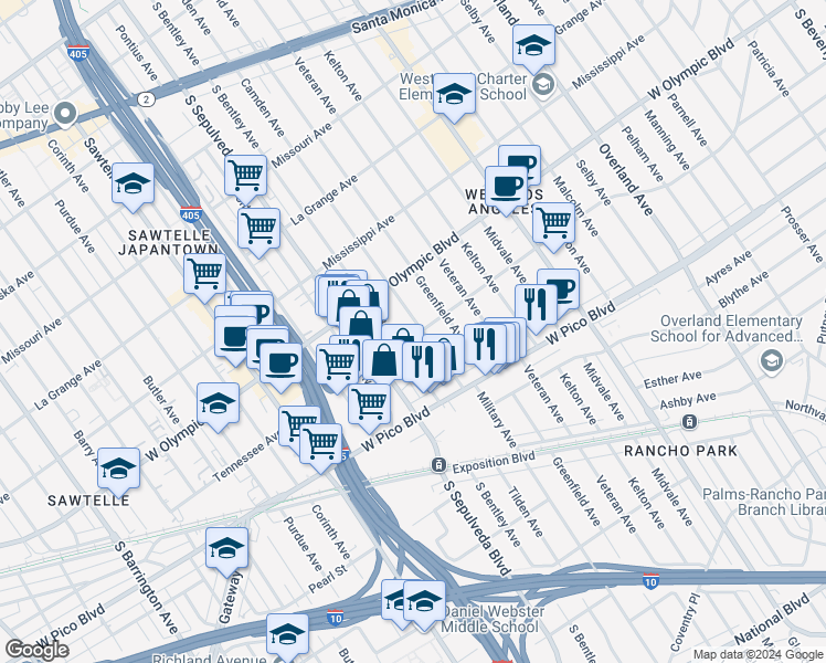 map of restaurants, bars, coffee shops, grocery stores, and more near 2255 Camden Avenue in Los Angeles