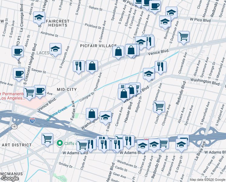 map of restaurants, bars, coffee shops, grocery stores, and more near 2012 South Curson Avenue in Los Angeles