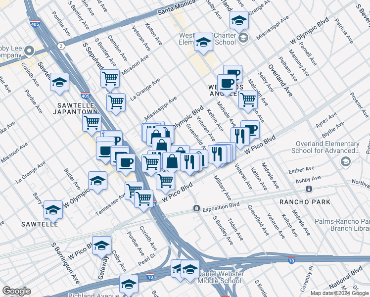 map of restaurants, bars, coffee shops, grocery stores, and more near 2255 Camden Avenue in Los Angeles