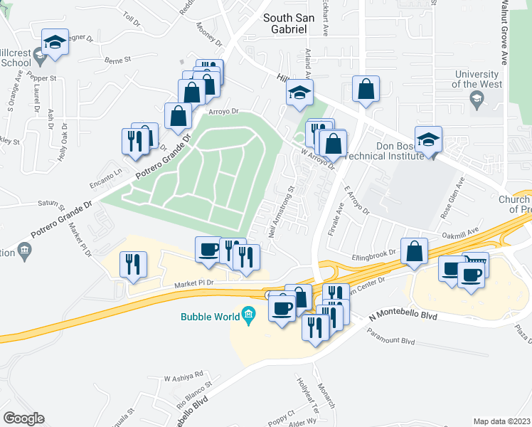 map of restaurants, bars, coffee shops, grocery stores, and more near 1661 Neil Armstrong Street in Montebello