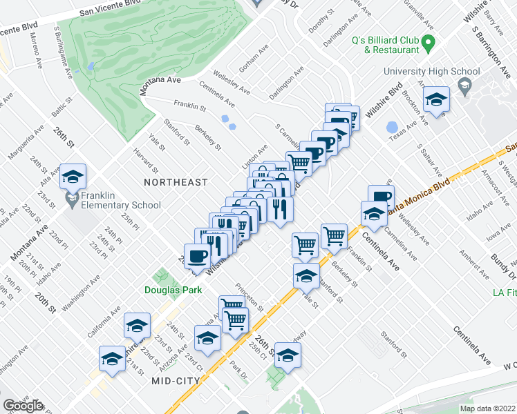 map of restaurants, bars, coffee shops, grocery stores, and more near 1146 Stanford Street in Santa Monica