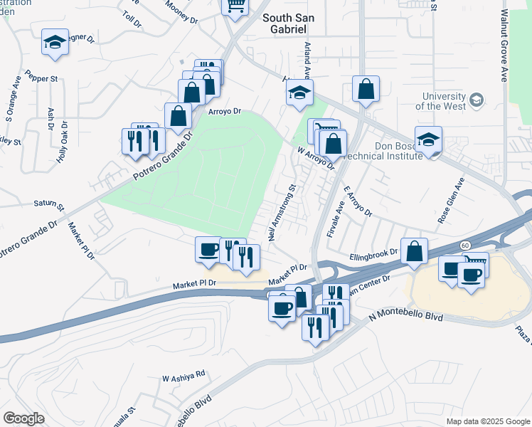 map of restaurants, bars, coffee shops, grocery stores, and more near 1661 Neil Armstrong Street in Montebello