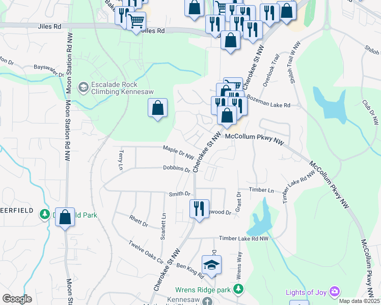 map of restaurants, bars, coffee shops, grocery stores, and more near 1880 Maple Drive Northwest in Kennesaw