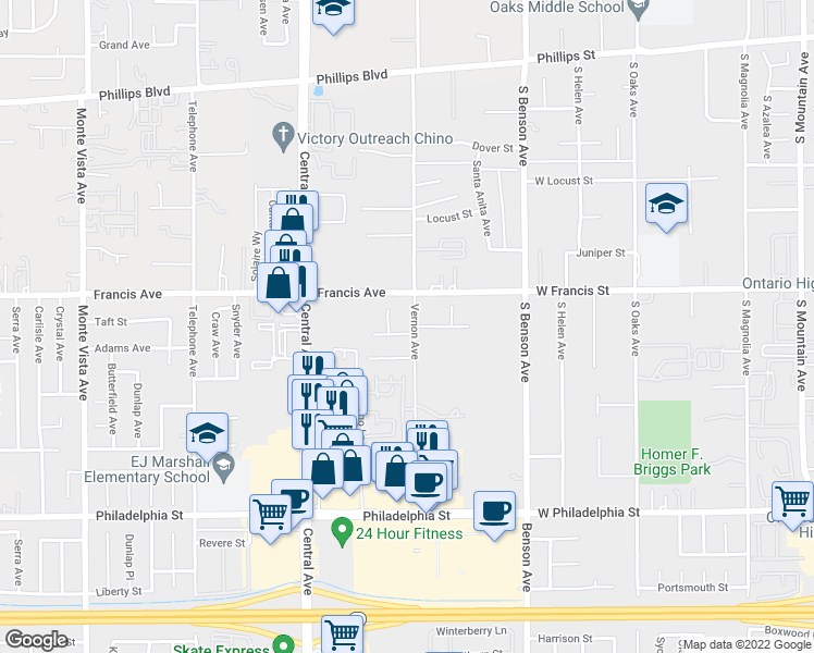 map of restaurants, bars, coffee shops, grocery stores, and more near 11782 Vernon Avenue in Chino