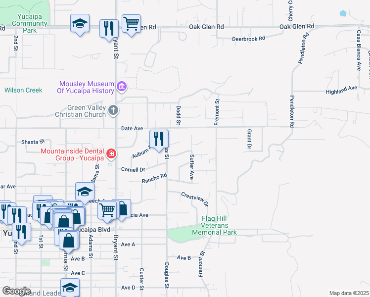 map of restaurants, bars, coffee shops, grocery stores, and more near 35576 Cornell Drive in Yucaipa