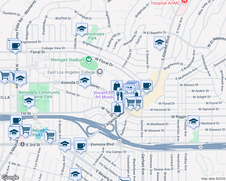 map of restaurants, bars, coffee shops, grocery stores, and more near 1301 Avenida Cesar Chavez in Monterey Park