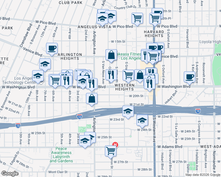 map of restaurants, bars, coffee shops, grocery stores, and more near 2426 West Washington Boulevard in Los Angeles