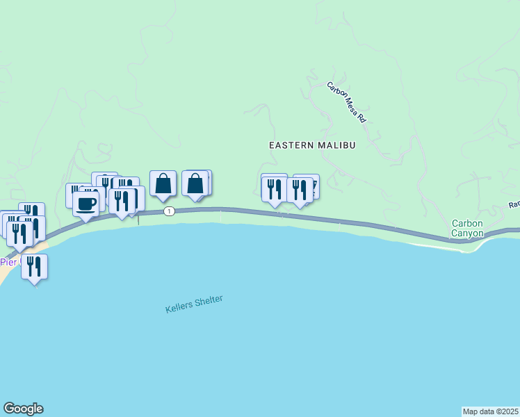 map of restaurants, bars, coffee shops, grocery stores, and more near 22347 Pacific Coast Highway in Malibu