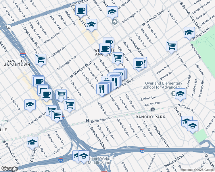 map of restaurants, bars, coffee shops, grocery stores, and more near 2361 Kelton Avenue in Los Angeles