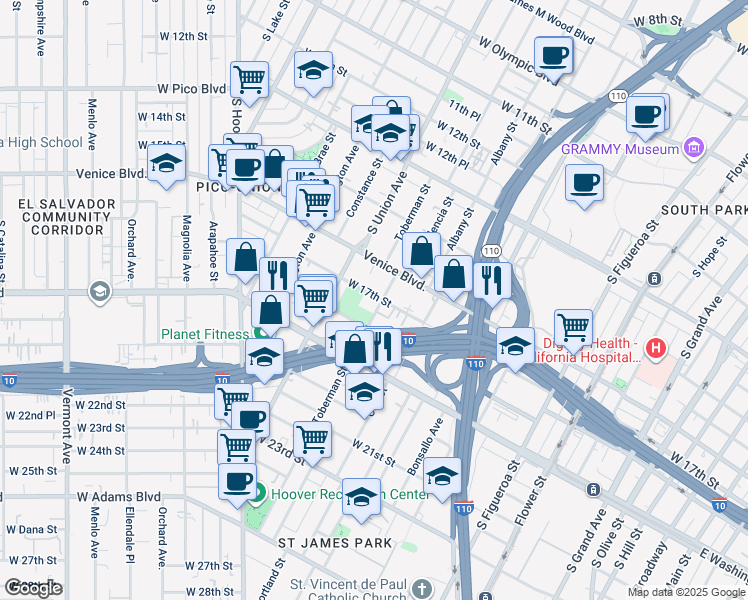 map of restaurants, bars, coffee shops, grocery stores, and more near 1703 Toberman Street in Los Angeles