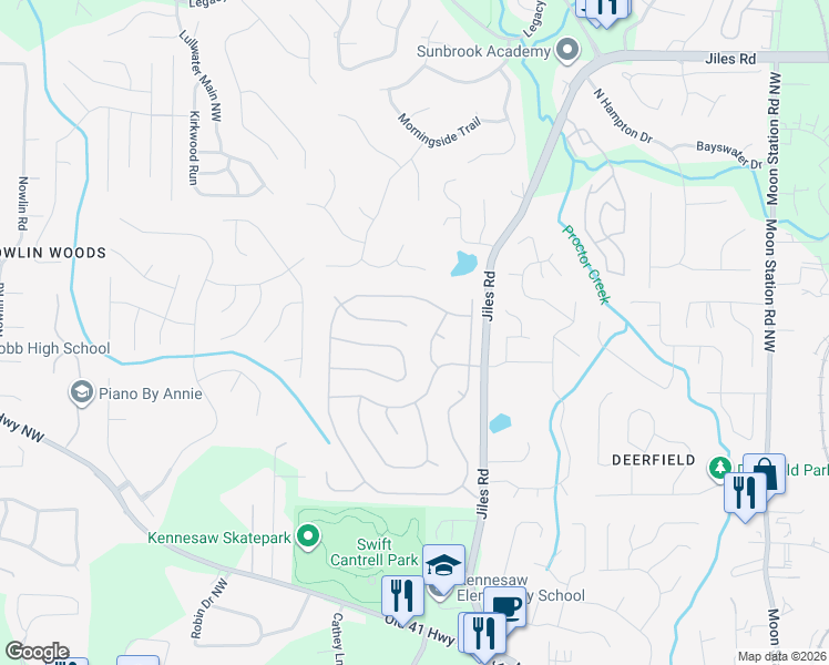 map of restaurants, bars, coffee shops, grocery stores, and more near 2701 Windsor Court in Kennesaw