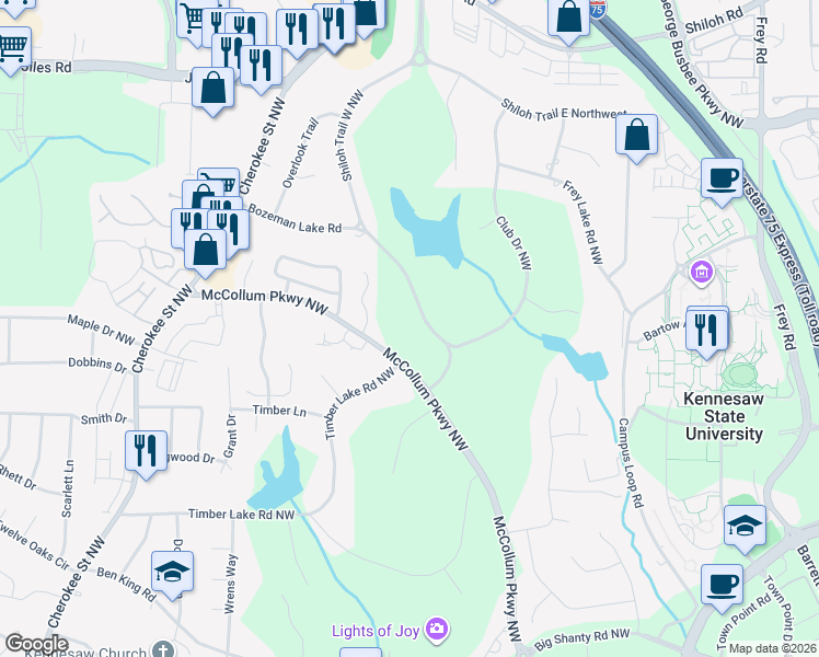 map of restaurants, bars, coffee shops, grocery stores, and more near 3579 Bozeman Lake Road in Kennesaw
