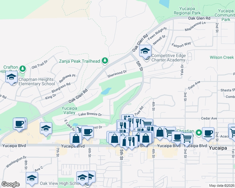 map of restaurants, bars, coffee shops, grocery stores, and more near 34290 Forest Oaks Drive in Yucaipa