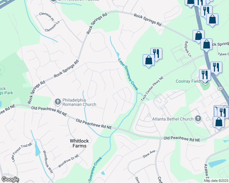 map of restaurants, bars, coffee shops, grocery stores, and more near 941 Pierce Brennen Drive Northeast in Lawrenceville