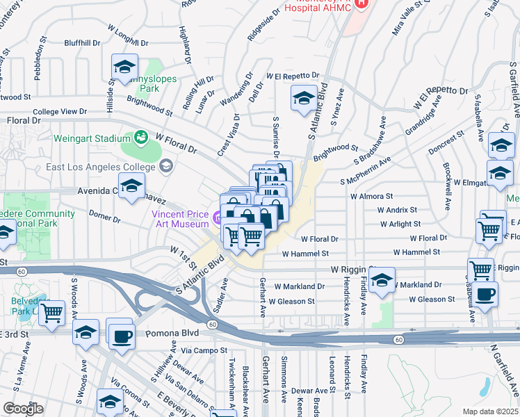 map of restaurants, bars, coffee shops, grocery stores, and more near 950 West Floral Drive in Monterey Park