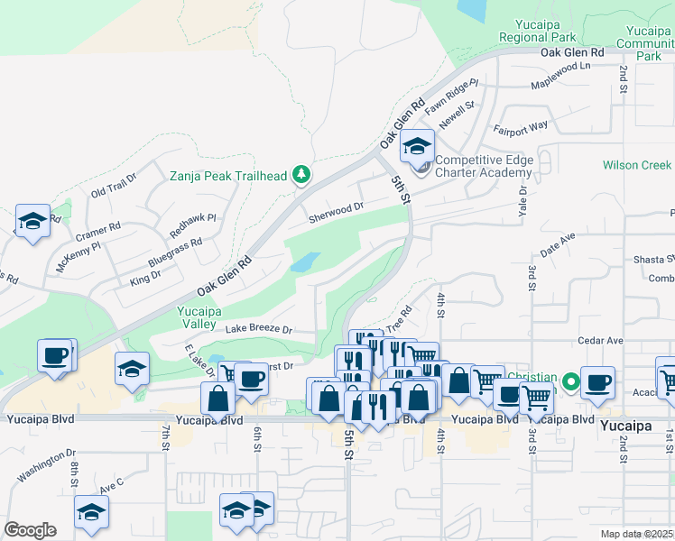 map of restaurants, bars, coffee shops, grocery stores, and more near 34290 Forest Oaks Drive in Yucaipa