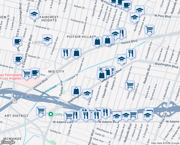 map of restaurants, bars, coffee shops, grocery stores, and more near 2011 South Curson Avenue in Los Angeles