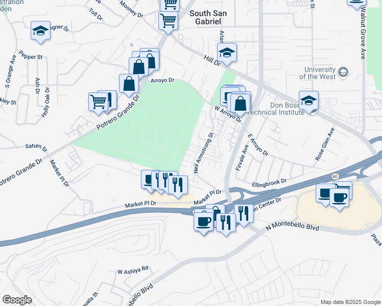 map of restaurants, bars, coffee shops, grocery stores, and more near 1661 Neil Armstrong Street in Montebello