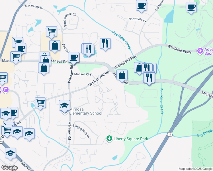 map of restaurants, bars, coffee shops, grocery stores, and more near 570 Huntington Place in Roswell