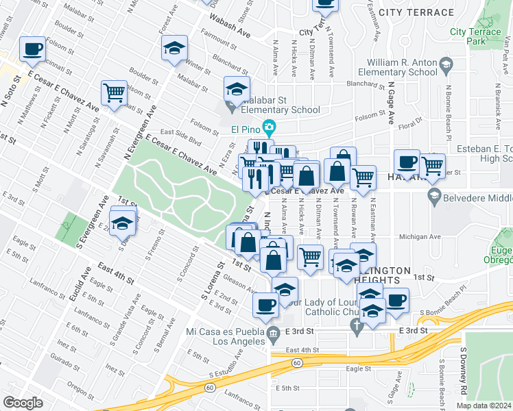 map of restaurants, bars, coffee shops, grocery stores, and more near 344 North Lorena Street in Los Angeles