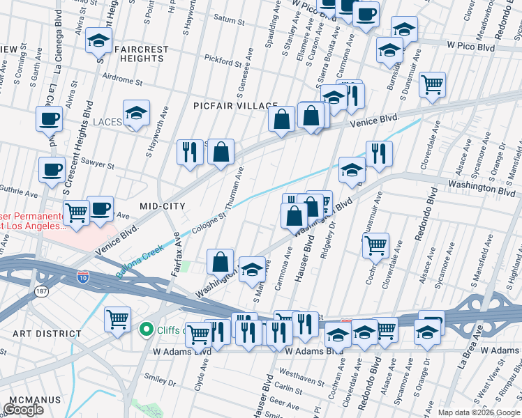 map of restaurants, bars, coffee shops, grocery stores, and more near 2011 South Curson Avenue in Los Angeles